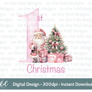 Árbol de Navidad y paquetes de regalo de Papá Noel, clipart, linda primera Navidad, PNG digital Jpeg niña rosa, diseño de tarjeta, sublimación, bastón de caramelo