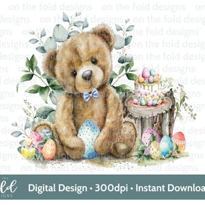 Clipart di Pasqua Teddy 1a Pasqua Acquerello PNG Clipart digitale istantanea Gilet per neonati Carta Palloncino blu Gilet di Pasqua Stampa a sublimazione UVDTF