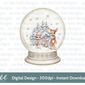 Clipart di Natale con cervo bambino, PNG di Natale carino nel bosco, globo di neve con design digitale, design di biglietti di Natale, sublimazione, scena invernale, rosa cipria