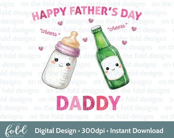 Fathers Day Clipart 1st Father's Day Pink Baby Bottle Beer Sublimation Print UVDTF DTG Image PNG Design Graphic Daddy & Daughter Cute Design