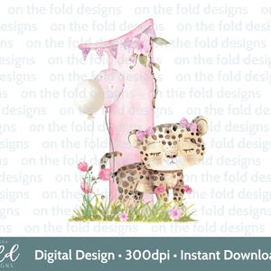 Guépard 1er anniversaire Clipart, bébé, Safari, jungle aquarelle carte gilet bébé Design rose une impression par Sublimation, Image graphique Uvdtg
