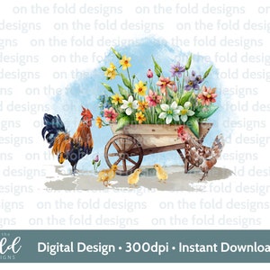 Cockerel, Chicks & Wheelbarrow full of flowers, Easter PNG, watercolour PNG, digital clipart, instant download, sublimation png