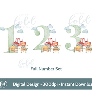 May include: A set of watercolour illustrations of the numbers 1, 2, and 3. Each number is green and features a red tractor with a farmer and a bale of hay. The text "on the fold designs" appears above each number.