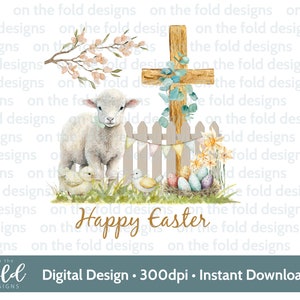 Clipart agneau de Pâques aquarelle PNG croix religieuse numérique scène de pâques mignon bébé imprimable vêtements carte conception sublimation impression Uv Dtf