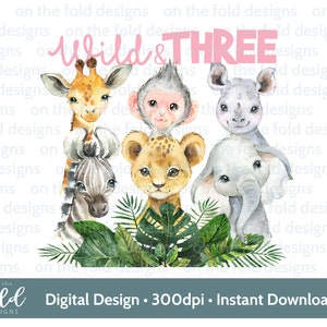Wild & THREE safari dieren png, blauwe bloemen, sublimatie, transparante clipart, instant download, 3e verjaardagscadeaus, safarifeest,