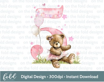 May include: A watercolor illustration of the number five with a pink and white color scheme. A brown teddy bear wearing a pink tutu is sitting in front of the number. The bear is holding a pink balloon with white polka dots. The background is white with a light pink and white pattern.