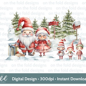 Santa & Mrs Weihnachtselfen PNG, digitale Clipart Sublimation Nordpol, süße Winterszene, Kissenbezug, PJ, Pullover Shirt Design Xmas Jpeg