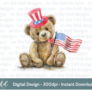 May include: A brown teddy bear wearing a red, white, and blue patriotic hat and holding an American flag. The bear is sitting on a white background.