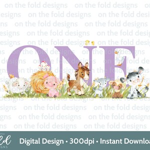 Violet ferme cour animaux PNG Clipart 1er anniversaire Tshirt carte Design DTF DTG impression par sublimation téléchargement immédiat fille une invite autocollant