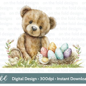 Ostern Teddy Clipart 1st Ostern Aquarell PNG Sofortige digitale Clipart Baby Weste Karte Blauer Ballon Osterweste Sublimationsdruck UVDTF