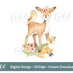 Forêt, conception d'animaux des bois, cerf, hibou, renard conception de sublimation de composition florale PNG Téléchargement numérique instantané
