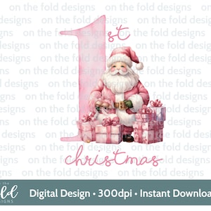 1st Christmas Pink Clipart Weihnachtsmann Santa & Geschenke Weihnachten PNG sofortiger download Sublimationskarte Design Kugel Druck PJ Aquarell
