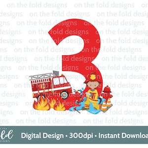 Clipart pompiere, 3° compleanno, pompiere, camion dei pompieri, clipart, sublimazione, PNG. Download digitale istantaneo, design dell'immagine ad acquerello