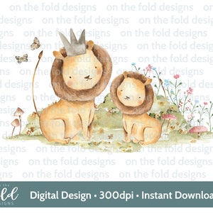 Clipart de león y cachorro, cachorro, safari, acuarela de la jungla, primer cumpleaños, clipart transparente, descarga, impresión por sublimación, imagen gráfica