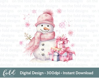 Puede incluir: Una ilustración de acuarela de un muñeco de nieve con un sombrero y una bufanda rosas, sosteniendo una pila de regalos envueltos en rosa y blanco. El fondo es blanco con copos de nieve rosas.