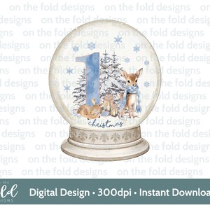 Primo Natale Baby Deer Snow Globe Clipart, 1° Natale, PNG design digitale vestiti per bambini, design biglietto di Natale, sublimazione, scena invernale