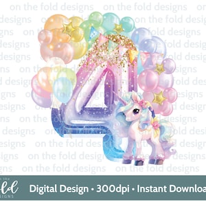 Unicorno Palloncino 4° Compleanno Numero Quattro Acquerello Clipart Quarto PNG Ragazza Stampa Sfondo Trasparente, Sublimazione, Decalcomania Palloncini UVDTF