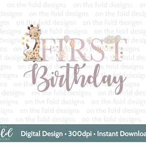 Giraffe Safari clipart, boho flowers, neutral, sublimation design, 1st birthday decal, waterslide transparent clipart, instant download ONE