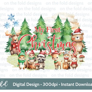 Primo Natale Bosco 1° Natale Clipart, Animali carini PNG, Design digitale Design della carta, Sublimazione, Scena invernale, Gilet per neonati, Cappelli di Babbo Natale