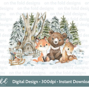 Weihnachten Waldtier, digitale Clipart Sublimation, png, niedliche Winterszene, Kissenbezug, pj, Pullover, T-Shirt Design Weihnachten Decoupage