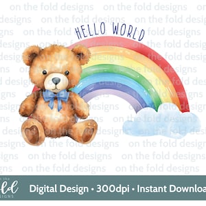 Ours en peluche Bonjour tout le monde bébé arc-en-ciel PNG forêt fond Transparent nouveau bébé aquarelle sublimation téléchargement numérique UV-Dtf Dtg LGBTQ