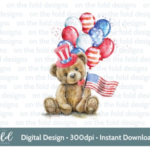 May include: A brown teddy bear wearing a red, white, and blue patriotic hat and holding a small American flag. The bear is surrounded by red, white, and blue balloons.