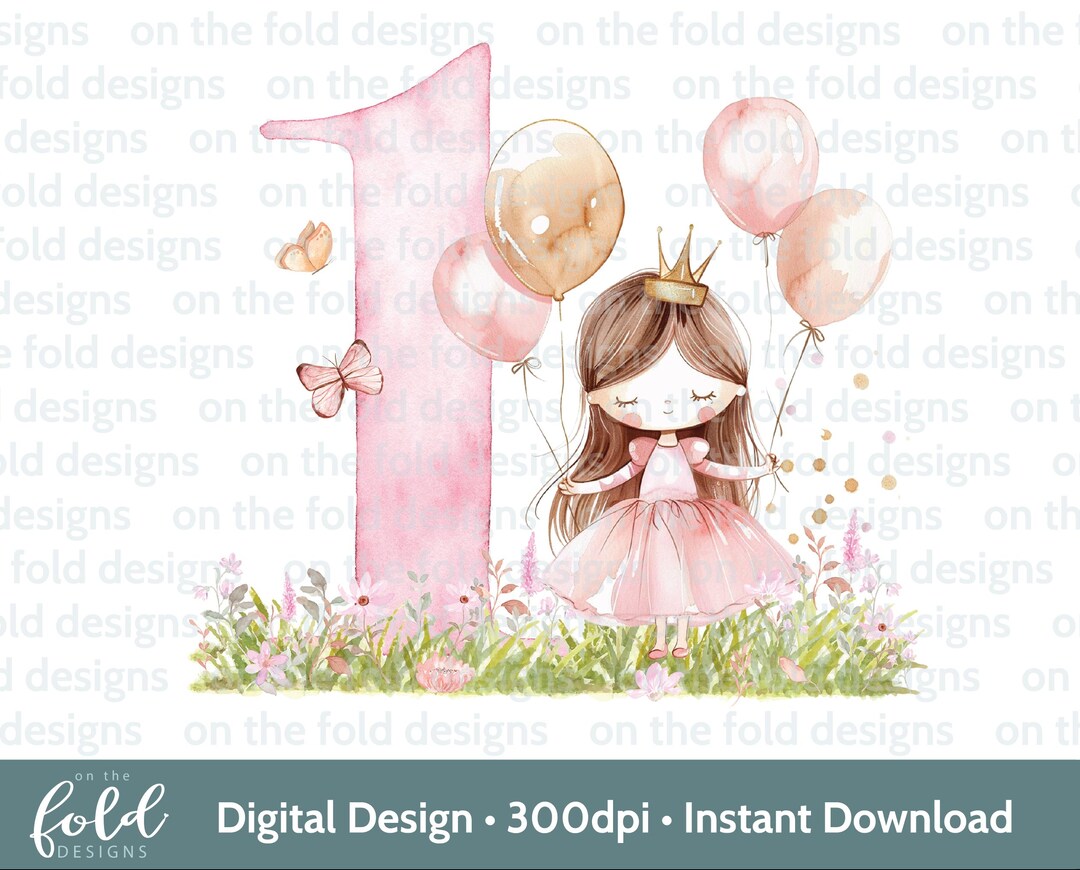 Princess 1st Birthday Clipart PNG Pink Balloons Fairy Iron on ...