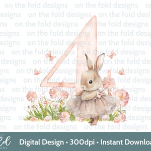 4e verjaardag konijn ballerina vier clipart PNG Instant Download voor sublimatie Crafting UVDTF-printen, kaarten, babyvestjes, slabbetjes, uitnodigingen