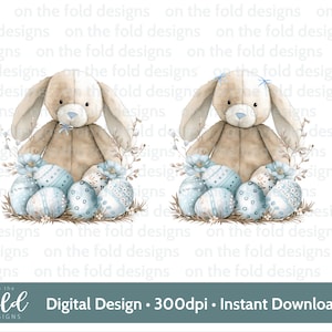 Coniglietto Pasqua Clipart Fiori Blu Pasqua Primavera Giardino Uovo Acquerello PNG Download Digitale Sublimazione Carta 1° Blu Bambino Gilet