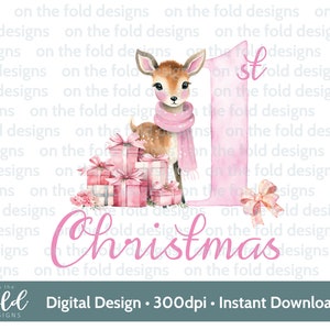Premier cadeau de Noël bébé cerf PNG clipart numérique instantané joli gilet rose carte de Noël design sublimation pyjama de Noël Noël bébé fille