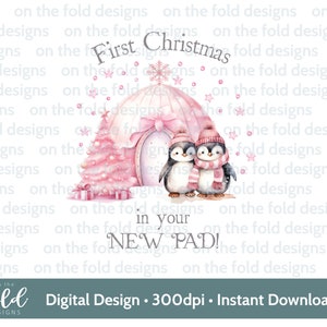 Nieuw huis 1e kerst, pinguïns iglo roze PNG Instant digitale clipart downloaden, kaartontwerp, kerstballen, knutselen, sublimatie aquarel