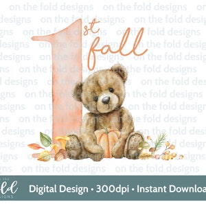 Herbst Teddybär Kürbis 1. Halloween PNG sofortiger digitaler Clipart Download, Babykleidung neues Babykartenentwurf spezielles Geschenk Sublimation