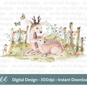 Clipart bébé cerf des bois, image de campagne mignonne, fleurs sauvages, téléchargement immédiat des cliparts transparent, graphique aquarelle impression par sublimation