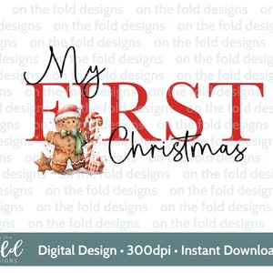 Clipart del primo pan di zenzero di Natale, carino primo Natale PNG acquerello digitale istantaneo, vestiti per bambini, design di biglietti, sublimazione, bastoncino di zucchero