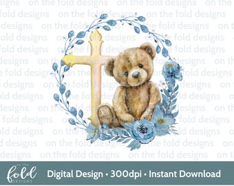 Teddy Bear Christening, Baptism, Naming Day Communion Cross, PNG, sublimation design, instant download file, transparent background,wall art