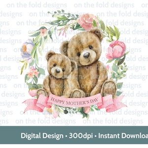 Ours en peluche rose floral cadre PNG souvenir fête des mères sublimation DTF bébé gilet carte personnalisée numérique image transparente en vinyle aquarelle