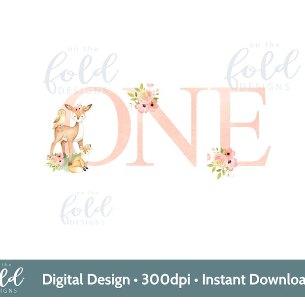 Number ONE Forest, Woodland Animal 1st birthday design, Deer, Owl, Fox Floral composition sublimation design PNG instant digital download