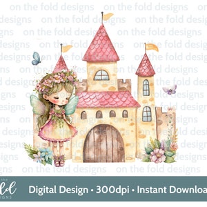 Fairy Princess Castle with flowers clipart, watercolour instant download file with transparent background PNG for sublimation