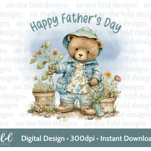 Clipart jardinage fête des pères, ours en peluche, attribution, patch végétalien, 1ère clipart transparent de fête des pères, téléchargement immédiat, impression par sublimation