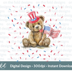 May include: A brown teddy bear wearing a red, white, and blue patriotic hat and holding an American flag. Confetti in red, white, and blue is scattered around the bear.