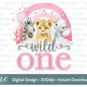 Pink Girly safari wild one animal rainbow png transparent clipart  instant download, decals, sticker invites, 1st birthday gifts Sublimation