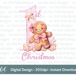 Erste Weihnachten Lebkuchen Clipart, niedliches 1. Weihnachten PNG Sofortiges digitales Aquarell, Baby Girl Pink, Kartendesign, Sublimation, Zuckerstange