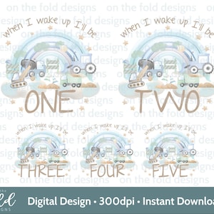 Bouw Clipart, When I Wake Up 1-5 Voertuigsublimatie PNG., pyjamaprint, verjaardag Pjs Uv DTF DTG Instant digitale downloadafbeelding