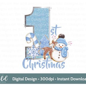 1er Noël bonhomme de neige biscuit de pain d'épice bleu PNG instantané numérique clipart téléchargement sublimation carte conception boule impression souvenir artisanat