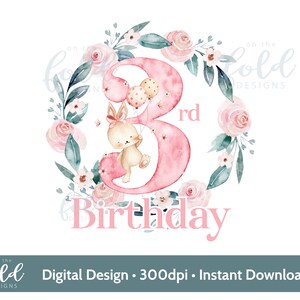 Design de sublimação de guirlanda de terceiro aniversário de flor rosa PNG download instantâneo digital