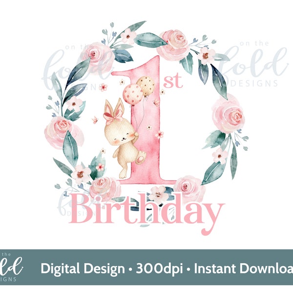 Pink Flower 1st birthday wreath sublimation design PNG instantdigital download