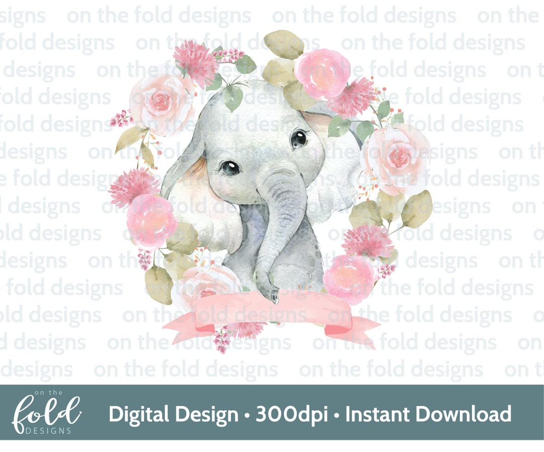 Baby Elephant Floral Wreath Clipart, Baby Shower PNG (digital Download ...