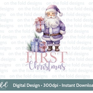 1° Natale Babbo Natale PNG Ragazza Viola Lilla download immediato di clipart digitale vestiti per bambini Cartolina di Natale design sublimazione stampabile PJ di Natale