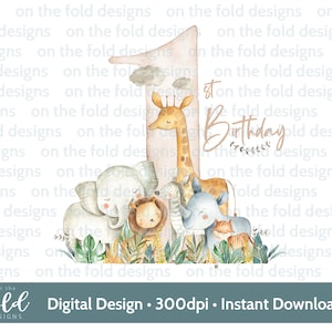 Safari 1. Geburtstag Clipart Zahl Eins Png, Neutral Braun Dschungel Tier Sublimation Design Transparent druckbares Bild Sofort Download