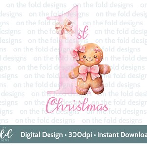 Clipart di pan di zenzero del primo Natale, carino 1° Natale PNG acquerello digitale istantaneo, bambina rosa, design della carta, sublimazione, bastoncino di zucchero